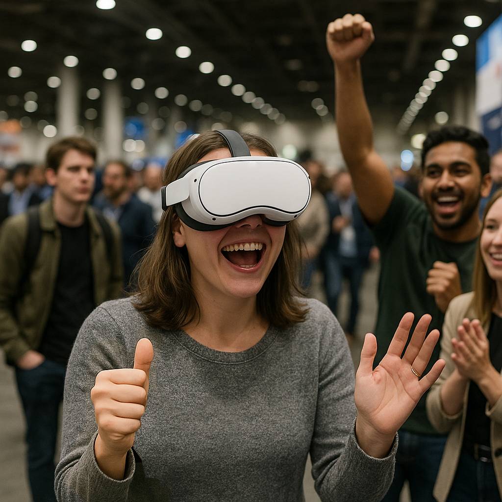 Menschen mit VR-Brillen auf einem Event, im Hintergrund Firmenbranding