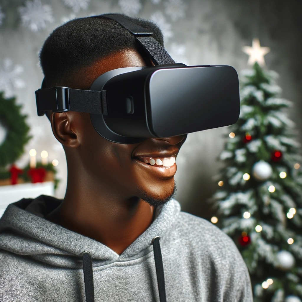 Image depicting a joyful person with black skin color wearing a black virtual reality headset, looking to the right. They are in a Christmas setting with a minimalistic background featuring subtle holiday elements like a few lights and a small Christmas tree. The person's expression is bright and dynamic, showcasing their engagement and enjoyment in the virtual experience. The overall atmosphere is cheerful yet simple, focusing on the person's interaction with the VR world during the holiday season.